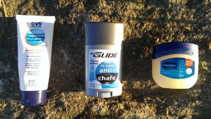 A few of our lubricants on display. L to R - Aquaphor (generic, store-brand), Body Glide, Vaseline.