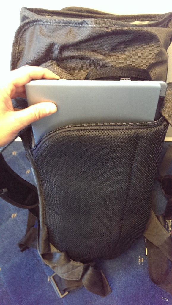 Padded laptop sleeve rests against your back